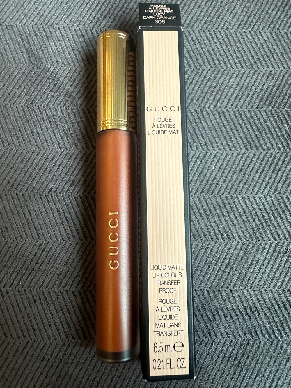 Gucci Liquid Matte Lipstick - transfer proof. Lucy Dark Orange
